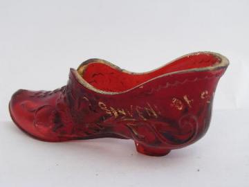 catalog photo of antique ruby stain pressed glass shoe, early 1900s souvenir