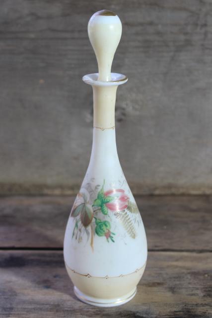 photo of antique satin glass perfume bottle, tall bottle w/ stopper, painted roses with milk glass #1