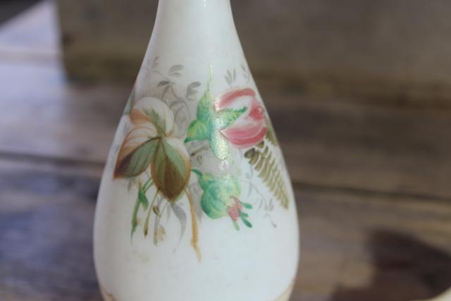 photo of antique satin glass perfume bottle, tall bottle w/ stopper, painted roses with milk glass #3