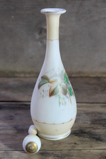 photo of antique satin glass perfume bottle, tall bottle w/ stopper, painted roses with milk glass #6