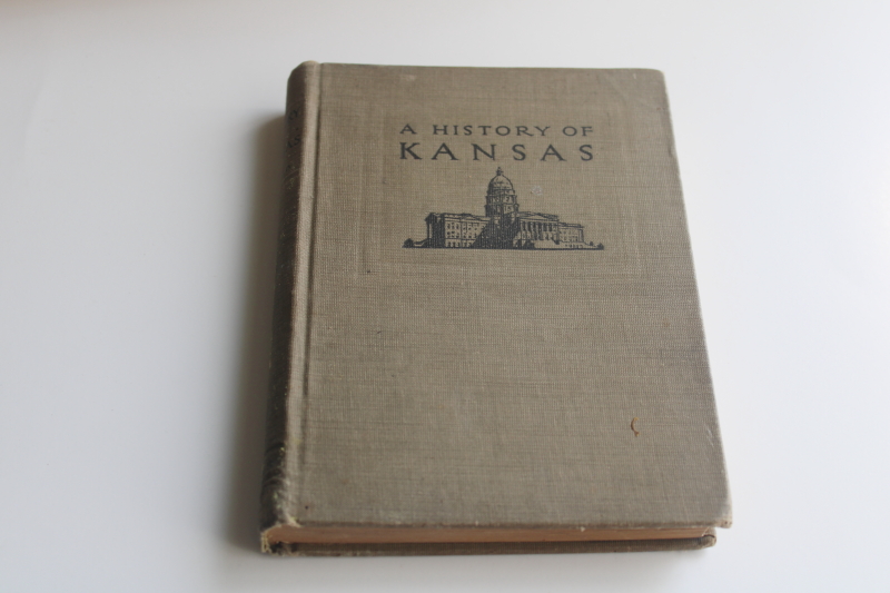 photo of antique school book 1914 History of Kansas brown cloth cover w/ state capitol  #1