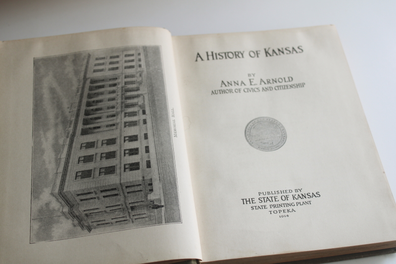 photo of antique school book 1914 History of Kansas brown cloth cover w/ state capitol  #3