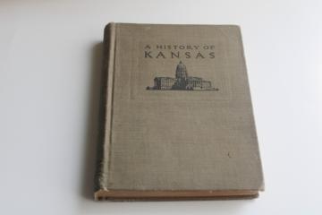 catalog photo of antique school book 1914 History of Kansas brown cloth cover w/ state capitol 