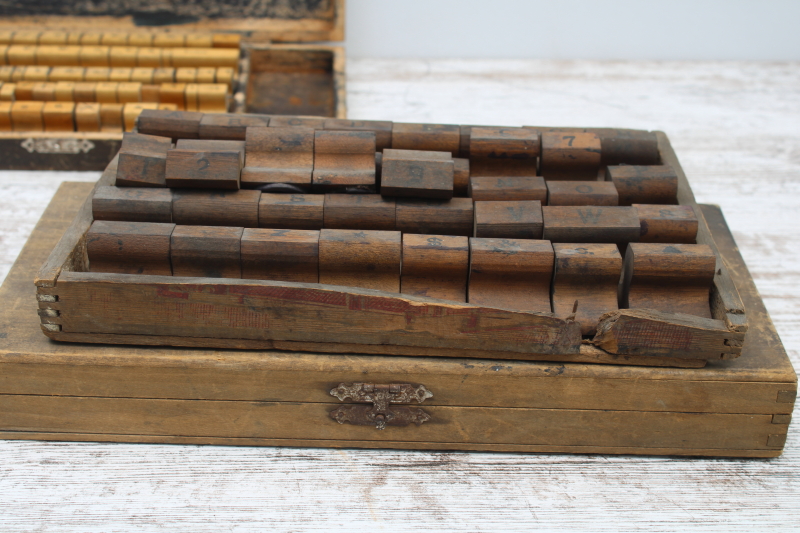 photo of antique school stamping sets in wood boxes, rubber stamps w/ large letters & numbers  #3