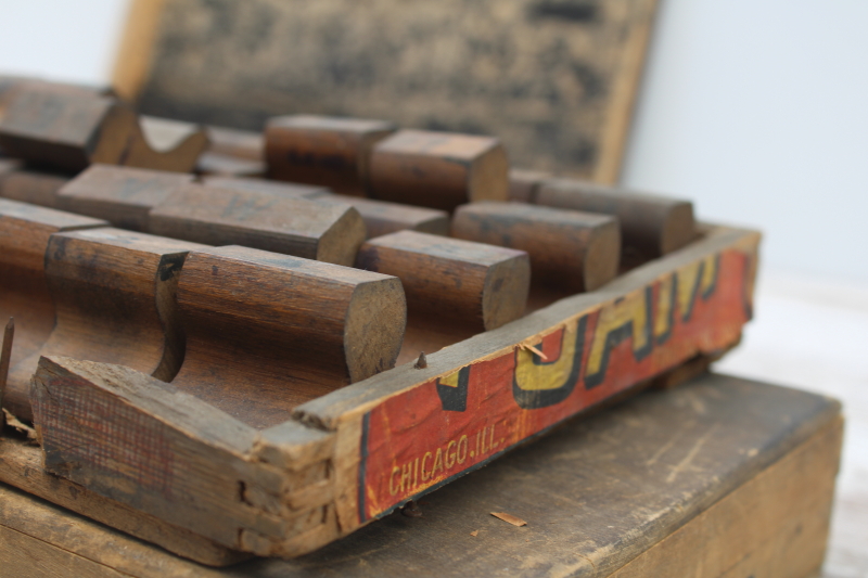 photo of antique school stamping sets in wood boxes, rubber stamps w/ large letters & numbers  #4