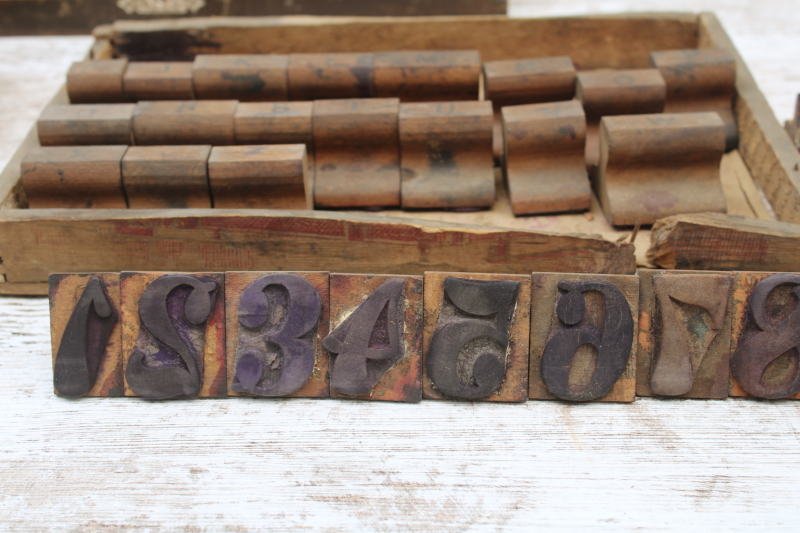 photo of antique school stamping sets in wood boxes, rubber stamps w/ large letters & numbers  #5