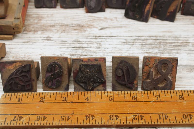 photo of antique school stamping sets in wood boxes, rubber stamps w/ large letters & numbers  #6