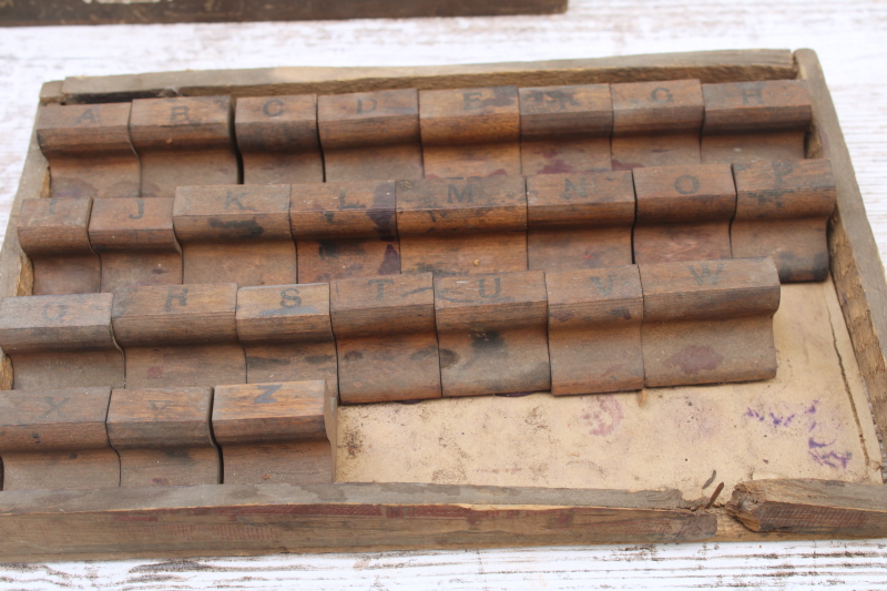 photo of antique school stamping sets in wood boxes, rubber stamps w/ large letters & numbers  #8