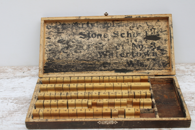 photo of antique school stamping sets in wood boxes, rubber stamps w/ large letters & numbers  #9