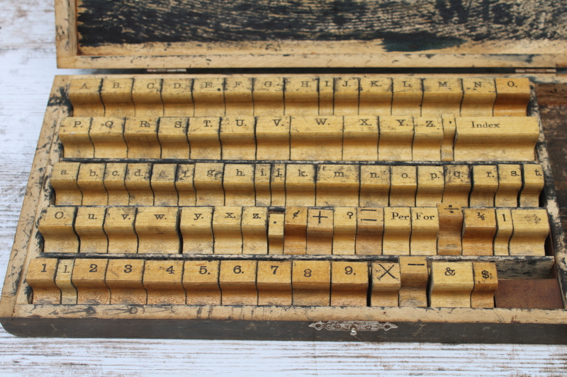 photo of antique school stamping sets in wood boxes, rubber stamps w/ large letters & numbers  #11