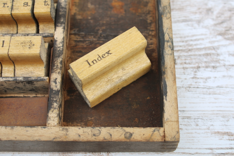 photo of antique school stamping sets in wood boxes, rubber stamps w/ large letters & numbers  #13