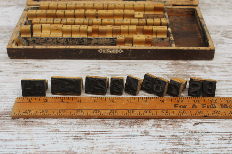 photo of antique school stamping sets in wood boxes, rubber stamps w/ large letters & numbers  #15