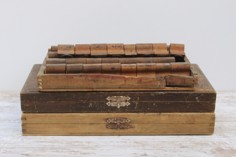 photo of antique school stamping sets in wood boxes, rubber stamps w/ large letters & numbers  #17