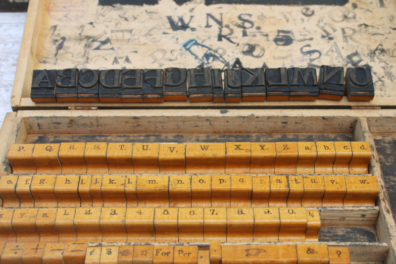 photo of antique school stamping sets in wood boxes, rubber stamps w/ large letters & numbers  #19