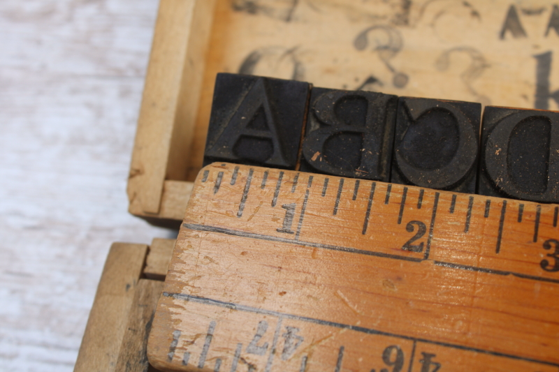 photo of antique school stamping sets in wood boxes, rubber stamps w/ large letters & numbers  #20