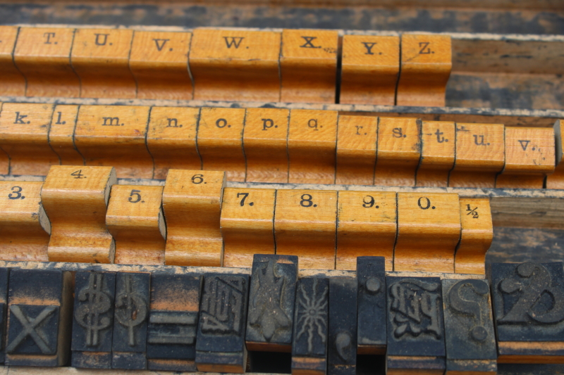 photo of antique school stamping sets in wood boxes, rubber stamps w/ large letters & numbers  #22