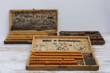 catalog photo of antique school stamping sets in wood boxes, rubber stamps w/ large letters & numbers 