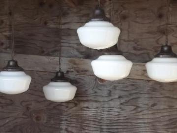 catalog photo of antique schoolhouse pendants, vintage lighting lot w/white glass shades