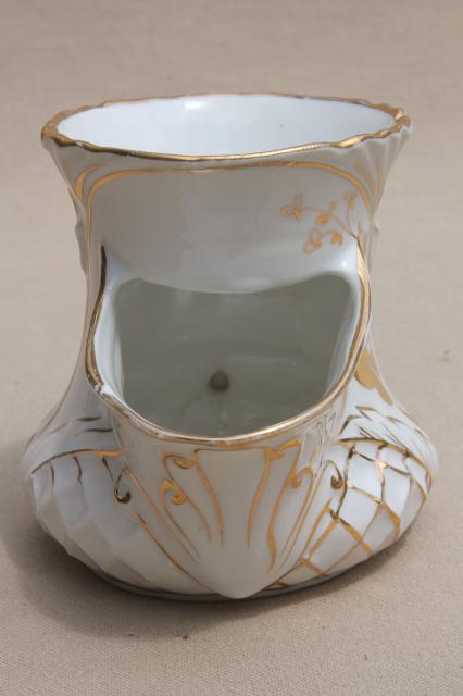 photo of antique scuttle type shaving mug, Victorian Edwardian vintage gold painted china cup #2