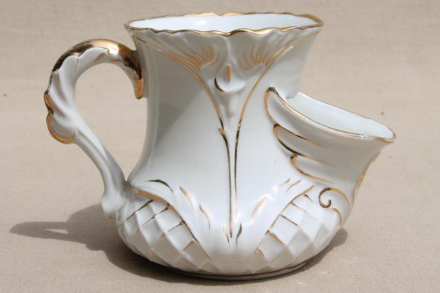 photo of antique scuttle type shaving mug, Victorian Edwardian vintage gold painted china cup #3