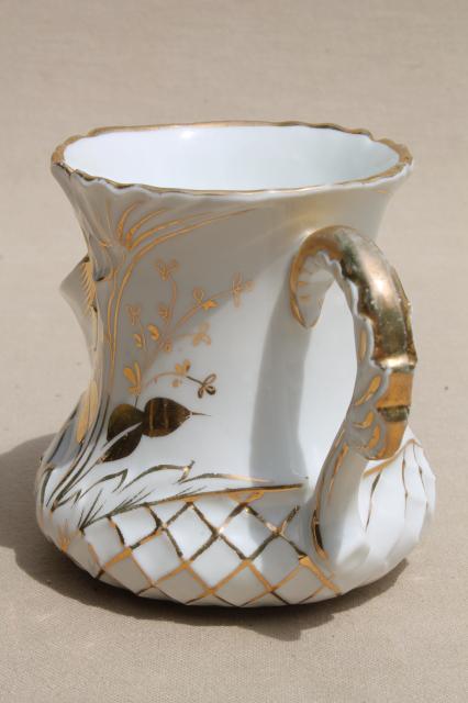 photo of antique scuttle type shaving mug, Victorian Edwardian vintage gold painted china cup #4