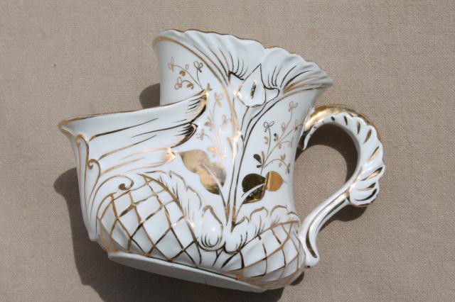 photo of antique scuttle type shaving mug, Victorian Edwardian vintage gold painted china cup #6