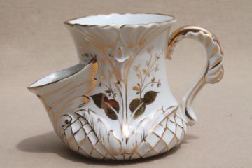 catalog photo of antique scuttle type shaving mug, Victorian Edwardian vintage gold painted china cup