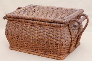 catalog photo of antique sewing box, shabby rustic woven straw sewing box early 1900s vintage