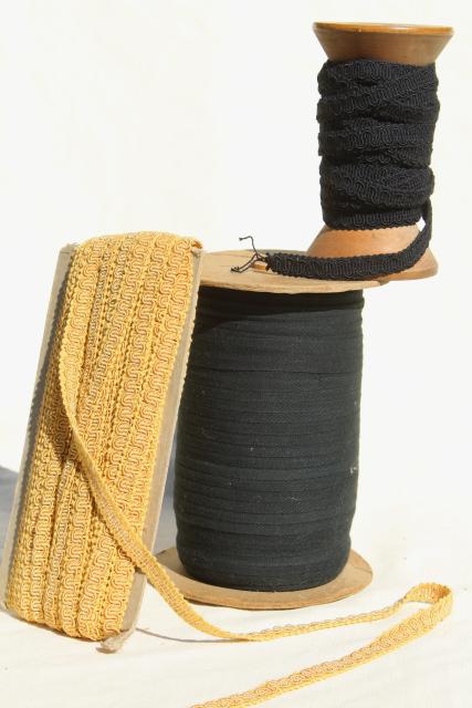 photo of antique sewing millinery trim, big spools of black & gold braid, cotton twill tape #3