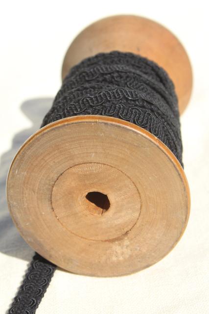 photo of antique sewing millinery trim, big spools of black & gold braid, cotton twill tape #6