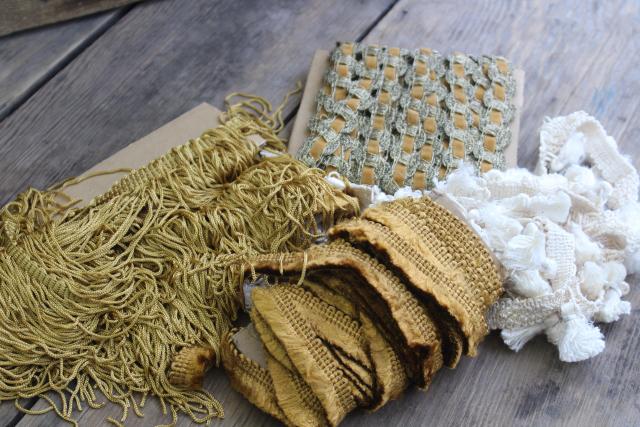 photo of antique sewing / upholstery / lampshade trim, early 1900s vintage mustard gold braid & fringe #1