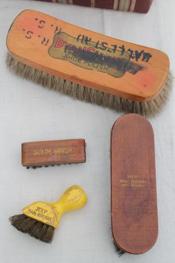 photo of antique shoe shine brushes in old wood box footstool, vintage shoe polish kit #2