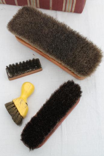 photo of antique shoe shine brushes in old wood box footstool, vintage shoe polish kit #3