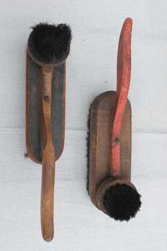 photo of antique shoe shine brushes in old wood box footstool, vintage shoe polish kit #4