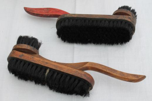 photo of antique shoe shine brushes in old wood box footstool, vintage shoe polish kit #5