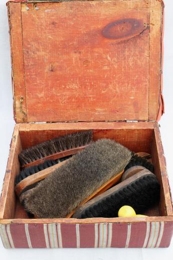 photo of antique shoe shine brushes in old wood box footstool, vintage shoe polish kit #9