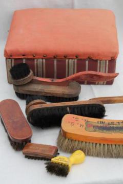 catalog photo of antique shoe shine brushes in old wood box footstool, vintage shoe polish kit