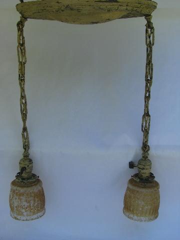 photo of antique shower cascade ceiling fixture, brass pendant hanging lights w/ vintage shades #1