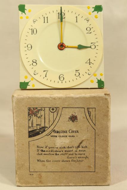 photo of antique sick room invalid gadget, early century vintage celluloid medicine glass cover clock #1