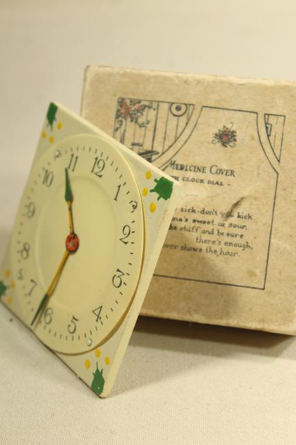 photo of antique sick room invalid gadget, early century vintage celluloid medicine glass cover clock #5