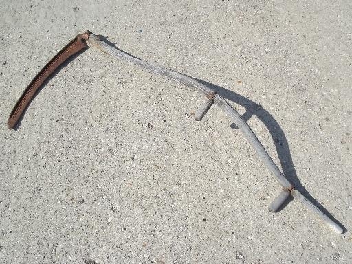 photo of antique sickle blade knife reaper scythe, vintage farm primitive, old wood handle #1