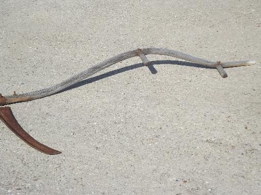 photo of antique sickle blade knife reaper scythe, vintage farm primitive, old wood handle #2