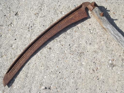 photo of antique sickle blade knife reaper scythe, vintage farm primitive, old wood handle #3