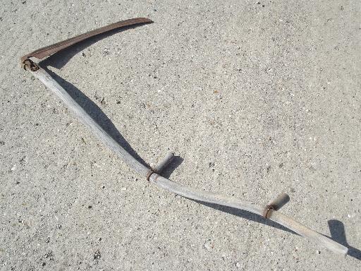 photo of antique sickle blade knife reaper scythe, vintage farm primitive, old wood handle #7