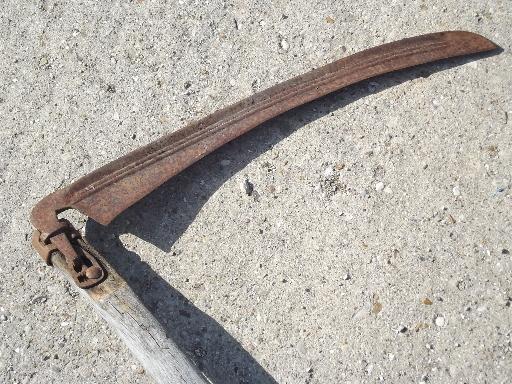 photo of antique sickle blade knife reaper scythe, vintage farm primitive, old wood handle #8