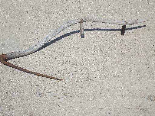 photo of antique sickle blade knife reaper scythe, vintage farm primitive, old wood handle #2