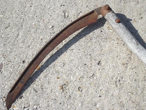 photo of antique sickle blade knife reaper scythe, vintage farm primitive, old wood handle #3