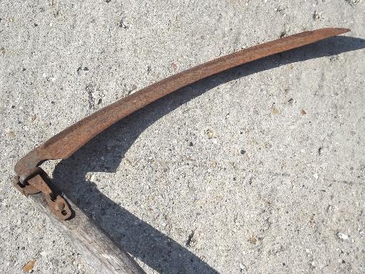 photo of antique sickle blade knife reaper scythe, vintage farm primitive, old wood handle #7