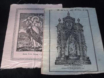 catalog photo of antique silk block print hangings Catholic icons, Virgin Mary and St Lucia