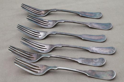 photo of antique silver forks w/ script monogram, heavy antique hotel silver plate Reed & Barton #1